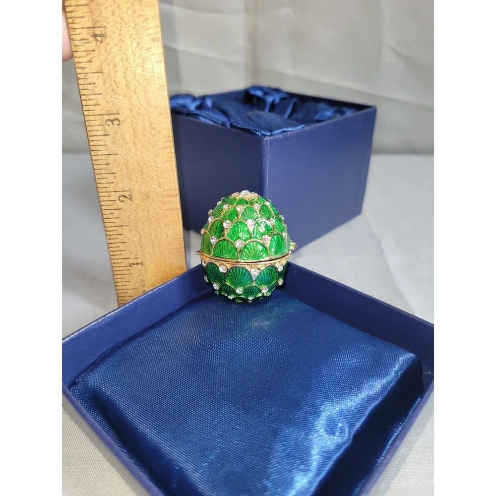 Emerald Green Fabergé Style Jeweled Egg Trinket Box Gold Tone & Rhinestones 2